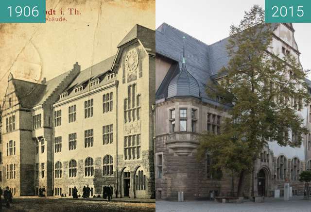 Before-and-after picture of Rudolstadt Marktstraße 54 Amtsgericht between 1906 and 10/2015