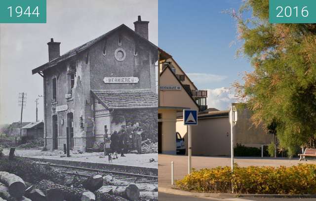 Vorher-Nachher-Bild von Gefangene deutsche Soldaten am Bahnhof Bernières zwischen 1944 und 22.10.2016