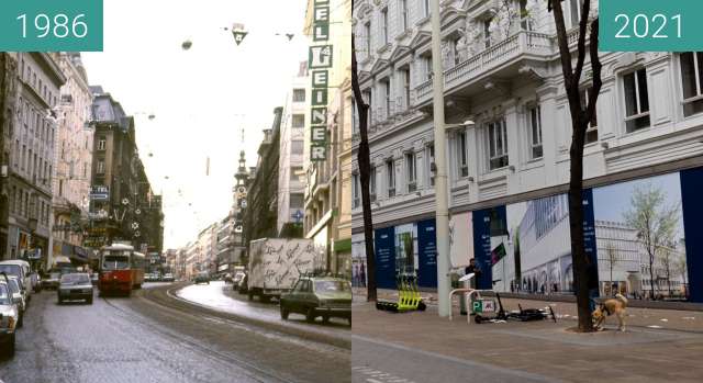 Before-and-after picture of Mariahilferstraße between 1986 and 2021-May-02