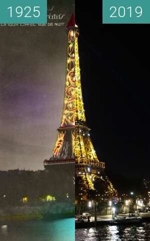 Before-and-after picture of Eiffel tower at night between 1925 and 2019-Feb-13