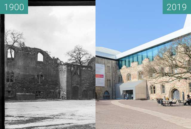 Before-and-after picture of Moritzburg Hof Halle between 1900 and 2019-Mar-22