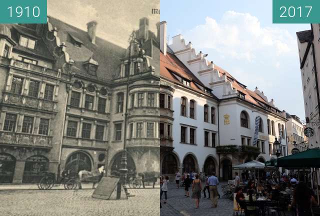 Before-and-after picture of Hofbräuhaus München between 1910 and 2017-Aug-28