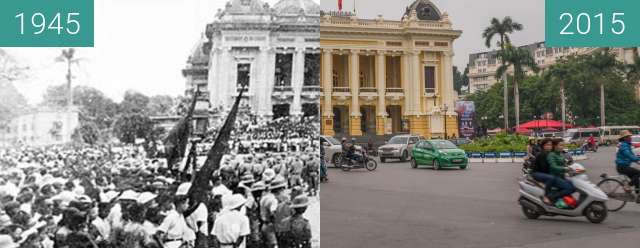 Before-and-after picture of Opera Hanoi between 1945-Aug-30 and 2015-Dec-11