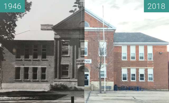 Before-and-after picture of Former Jackson County (Iowa) Courthouse between 1946 and 2018-Feb-21