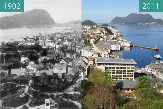 Before-and-after picture of Ålesund between 1902 and 2011