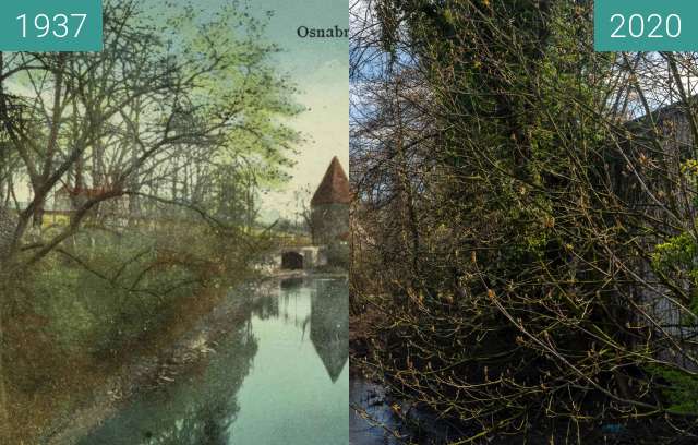 Vorher-Nachher-Bild von Hasepartie mit Pernickelturm zwischen 01.1937 und 03.2020