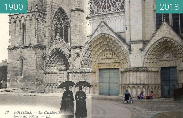 Before-and-after picture of Cathedral of Poitiers between 1900 and 2018-Jul-18