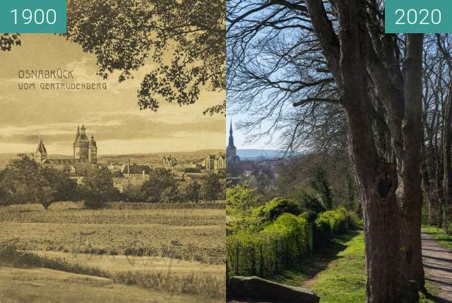 Vorher-Nachher-Bild von Osnabrück vom Gertrudenberg zwischen 1900 und 03.2020