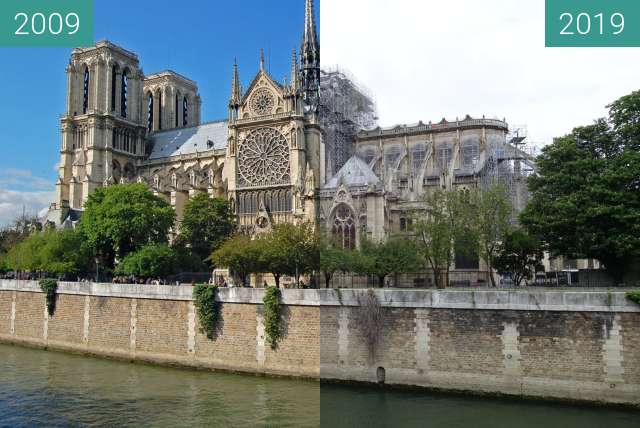 Before-and-after picture of Notre-Dame after the fire between 2009-Apr-28 and 2019-May-05