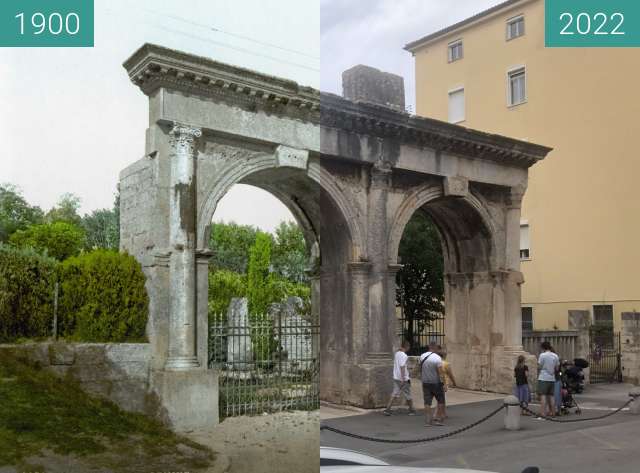 Before-and-after picture of Pula: Porta Gemina 2 between 1900 and 2022-Aug-12