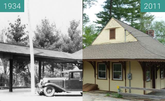 Before-and-after picture of Lakeville, Connecticut Railroad Depot between 1934-May-10 and 2011-May-19