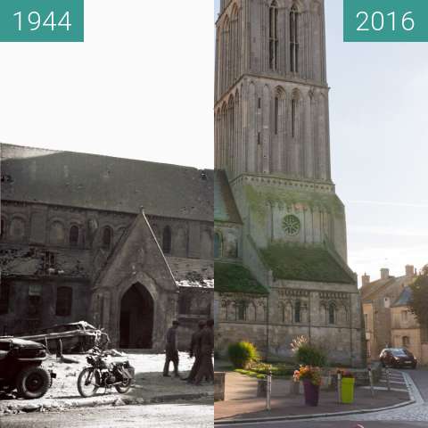 Before-and-after picture of Notre-Dame-de-la-Nativité during WW2 between 1944-Jun-06 and 2016-Oct-22