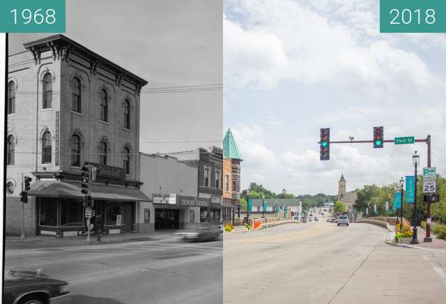 Before-and-after picture of Downtown West Dundee (1968/2018) between 1968 and 2018-Aug-15