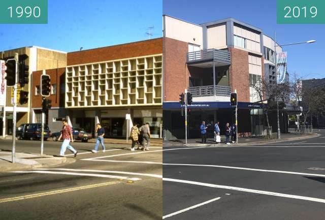 Before-and-after picture of Station and Henry Streets, Penrith between 1990 and 2019