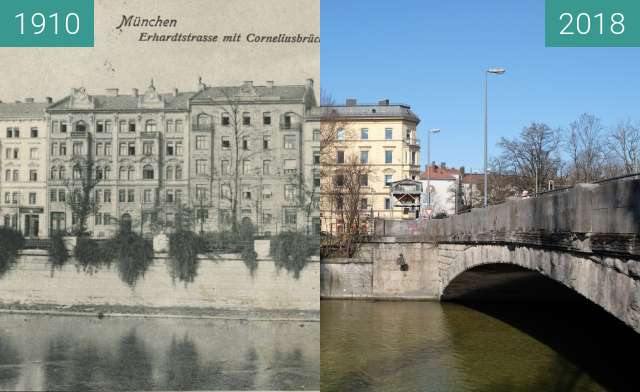 Vorher-Nachher-Bild von München: Erhardtstr. mit Corneliusbrücke zwischen 1910 und 04.03.2018