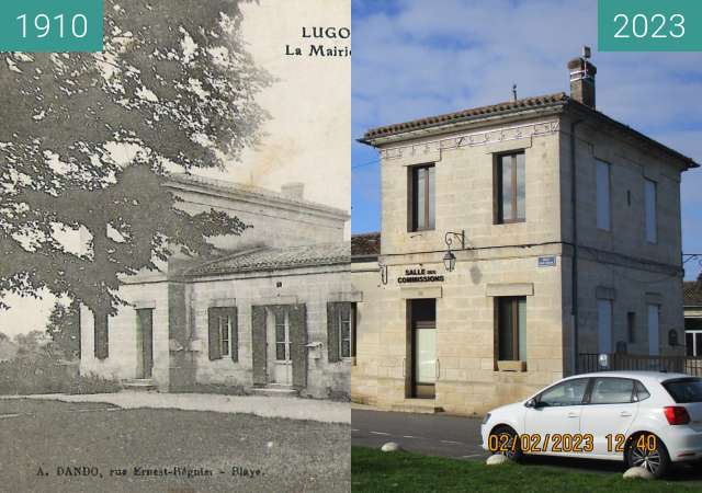 Image avant-après de La mairie de Lugon entre 1910 et 2 fév. 2023