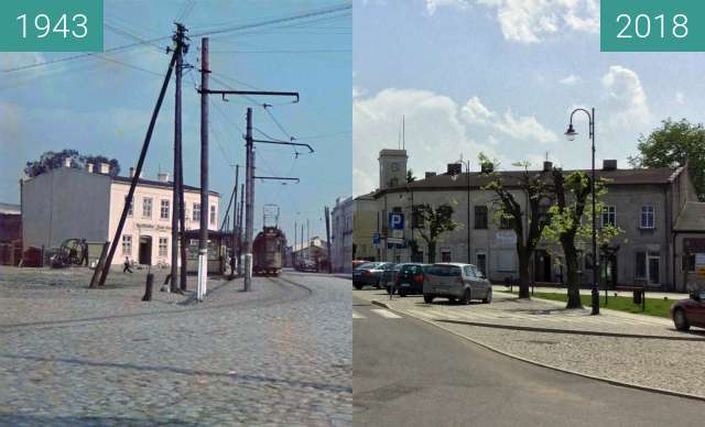 Before-and-after picture of Tuszyn (Tuschin) main Square between 1943 and 2018-Apr-29