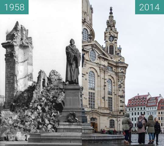 Before-and-after picture of Martin-Luther-Denkmal vor Frauenkirche between 11/1958 and 2014-Feb-15