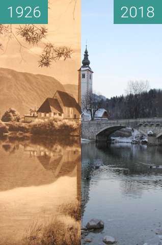 Before-and-after picture of Cerkev Sv. Janeza Krstnika, Ribčev Laz, Slovenia between 1926 and 2018-Feb-15