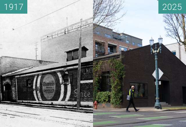 Before-and-after picture of Mallory's Stables: 1917, Portland Oregon between 1917 and 2025-Feb-04