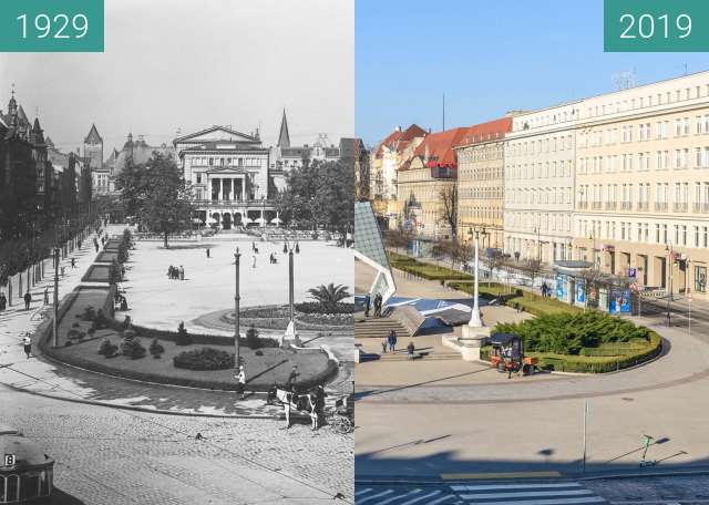 Vorher-Nachher-Bild von Plac Wolności z balkonu hotelu Bazar zwischen 1929 und 16.02.2019