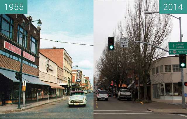 Before-and-after picture of 3rd Street, McMinnville, Oregon between 1955 and 2014-Apr-12