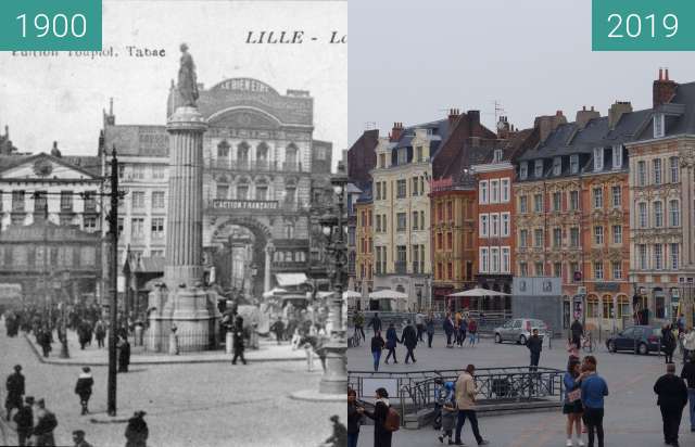 Before-and-after picture of Grande Place (Lille) between 1900 and 2019-Apr-06