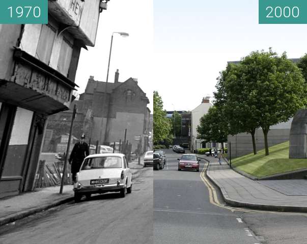 Before-and-after picture of Much Park Street, Coventry between 1970 and 2000