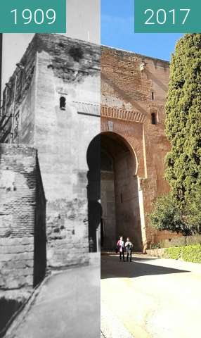 Before-and-after picture of Puerta de la Justicia at the Alhambra between 1909 and 2017-Jan-31