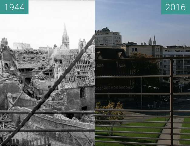 Vorher-Nachher-Bild von Blick vom Schloss von Caen auf die zerstörte Stadt zwischen 06.1944 und 30.10.2016