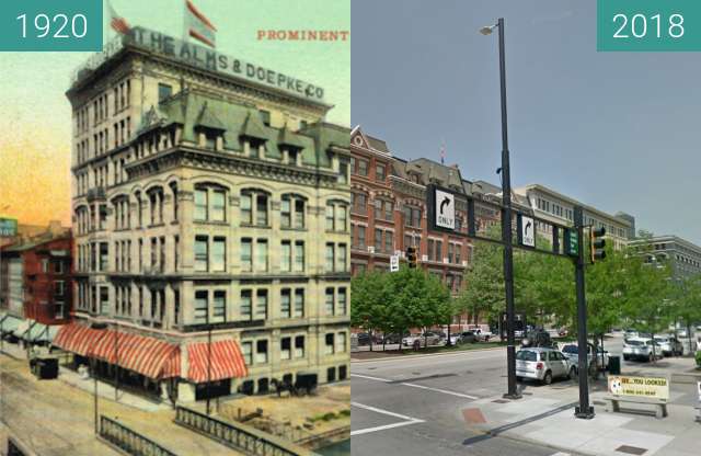 Before-and-after picture of Alms and Doepke Department store between 1920 and 2018