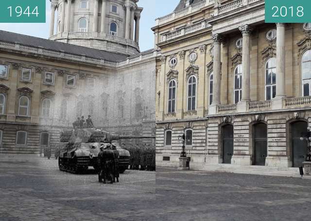 Before-and-after picture of Tiger Tank in Buda Palace, Budapest 1944 between 1944 and 2018-Aug-29