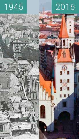 Before-and-after picture of Bombing of Munich between 1945 and 2016