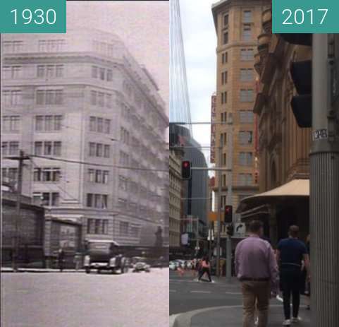 Before-and-after picture of Market and George Streets, Sydney between 1930 and 2017