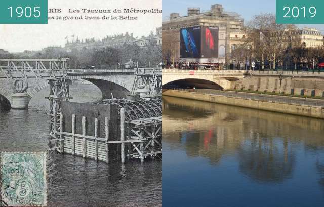 Before-and-after picture of Pont au Change between 1905 and 2019-Feb-16