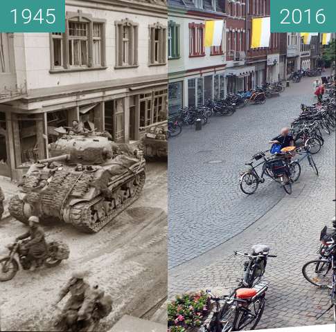 Before-and-after picture of 04.03.1945. Kevelaer, Amsterdamer Strasse between 1945-Mar-04 and 2016-May-25