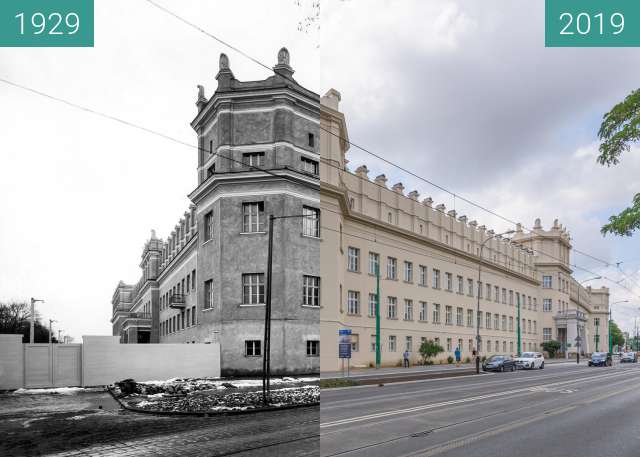 Before-and-after picture of Ulica Grunwaldzka, Collegium Chemicum/Heliodori between 1929 and 2019