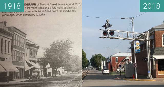 Before-and-after picture of Second Street, Bellevue between 1918 and 2018-Aug-21