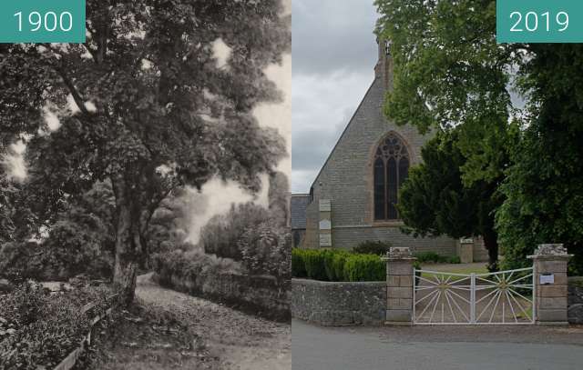 Before-and-after picture of Dalrymple Parish Church from Church Street. between 1900 and 2019-Jun-14