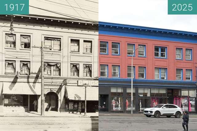 Before-and-after picture of Hotel Bushmark, 1917 between 1917 and 2025-Feb-04