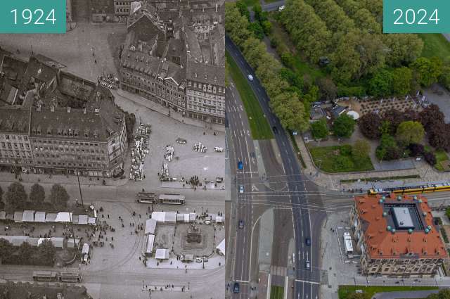 Before-and-after picture of Neustädter Markt 1924 between 1924 and 2024-Apr-22