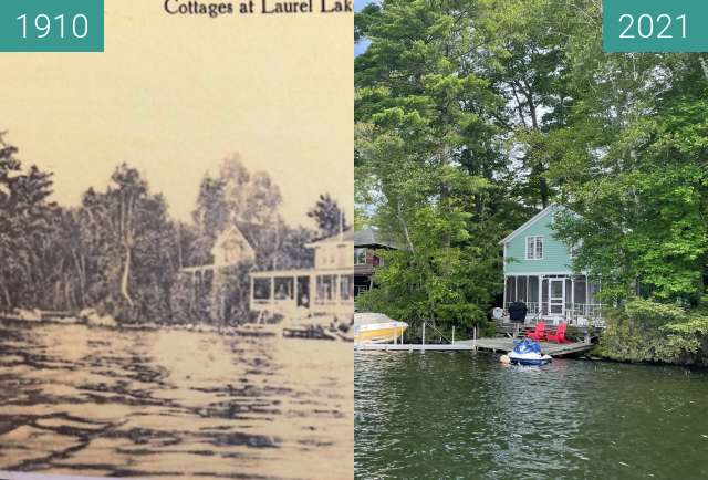 Before-and-after picture of Cottages at Laurel Lake, Fitzwilliam, NH between 07/1910 and 2021-Aug-03