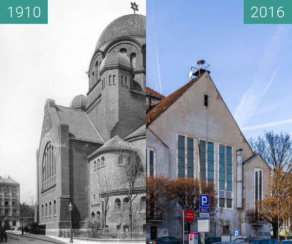 Before-and-after picture of Ulica Stawna, synagoga between 1910 and 2016-Nov-20