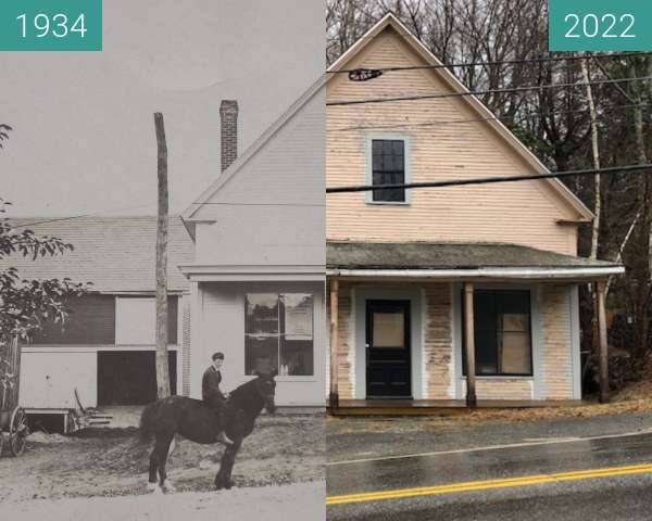 Before-and-after picture of Starkey Market, Fitzwilliam, NH  USA between 1934 and 2022-Apr-19