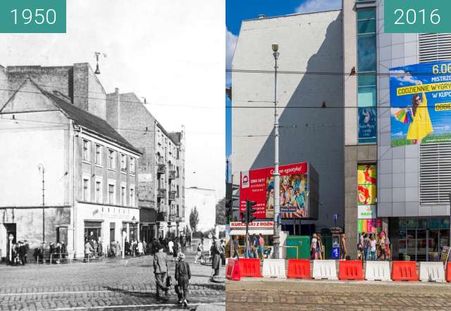 Before-and-after picture of Plac Wiosny Ludów between 1950 and 2016