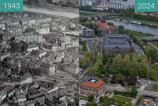 Before-and-after picture of Innere Neustadt in Dresden 1943 between 1943 and 2024-Apr-22