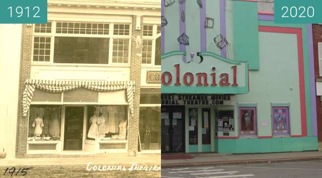 Before-and-after picture of Colonial Theatre - Belfast, Maine between 1912-Apr-09 and 2020-Jul-14