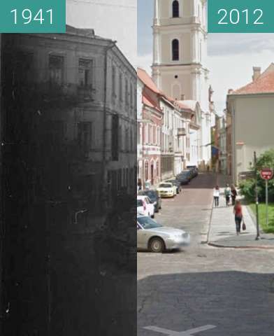 Before-and-after picture of Bell Tower of St. John's Church 1941-2012, Vilnius between 1941 and 2012