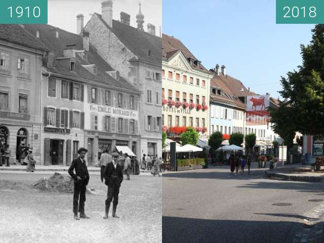 Vorher-Nachher-Bild von Bulle (Suisse) - l'Hôtel de Ville et le tilleul zwischen 1910 und 04.08.2018