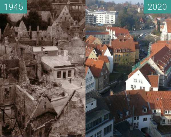 Before-and-after picture of Osnabrücker Altstadt in Trümmern between 1945-Mar-25 and 2020